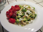 Shredded chicken, avocado, and farmers cheese with a summer succotash and cherry tomatoes on the side. Very good!