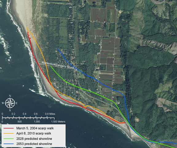 Where the shoreline might end up at Washaway Beach, Washington. The red curve shows the 5 March 2004 scarp walk, the orange curve shows the 6 April 2010 scarp walk, and green and blue show the predicted shorelines in 2028 and 2053. Washington Department of Ecology