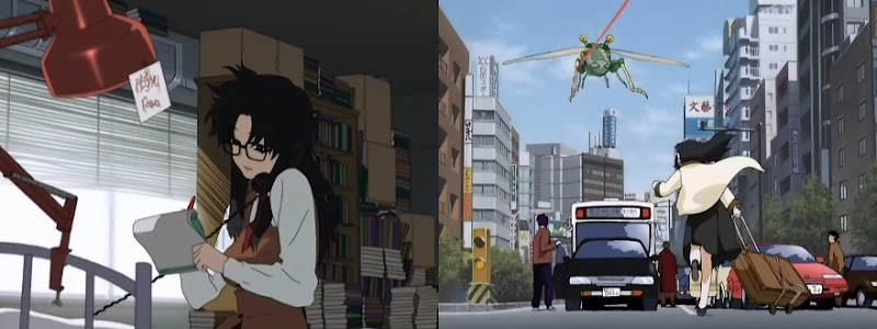 A side-by-side screenshot; Yomiko writing on a pad while on the phone at her home; Yomiko running through a traffic-filled street dragging her suitcase as she chases a giant flying bug