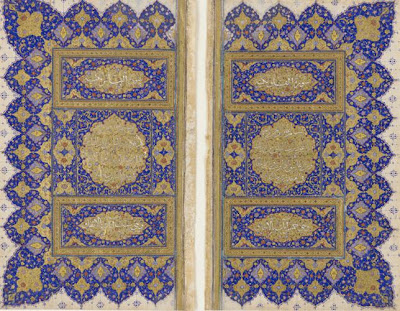 Illuminated double-folio for a Koran | Origin: Probably Shiraz, Fars, Iran | Period: circa 1550-1575 Safavid period | Details: The Koran-the unadulterated word of God for Muslims-is the most revered text in the Islamic world, and no effort was spared in its embellishment. Korans made in sixteenth-century Iran frequently begin and end with a double-folio of intricate designs rendered with paints made from gold and lapis lazuli, the semi-precious stone. This double-folio is inscribed with the last two chapters of the Koran, entitled al-Falaq (Dawn) and al-Nas (Mankind), and would have appeared at the end of the manuscript. | Type: Opaque watercolor, ink and gold on paper | Size: H: 21.5 W: 12.7 cm | Museum Code: S1986.86.1-2 | Photograph and description taken from Freer and the Sackler (Smithsonian) Museums.