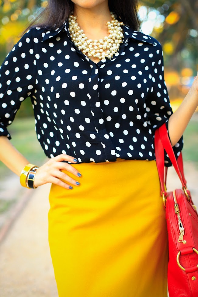 Fall Look: Mustard, Dots, and Pearls