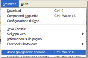 Firefox Strumenti-Avvia Navigazione anonima