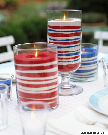 Red, white, and blue bands of sand dress up votive candles to make flickering lights that are cheerful and fun.
<http://www.marthastewart.com/photogallery/patriotic-crafts#slide_23> Red, white, and blue bands of sand dress up votive candles to make flickering lights that are cheerful and fun.
<http://www.marthastewart.com/photogallery/patriotic-crafts#slide_23>