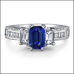 Emerald Cut Sapphire and Diamond Three Stone Ring in Platinum