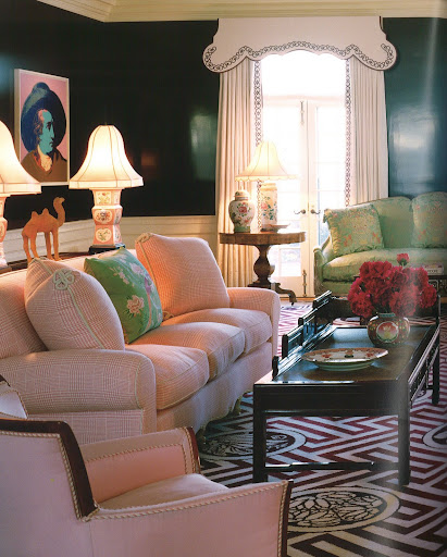 The stunning contrasts and graphic patterns on view in the set designs of Van Nest Polglase and others are embraced by Diamond and Baratta in this dazzling aubergine-glazed room. Billy Haines, who loved to strike a chinoisserie note, would have approved of the amusing pagoda-shaped valances. (Regency Redux, Rizzoli) The stunning contrasts and graphic patterns on view in the set designs of Van Nest Polglase and others are embraced by Diamond and Baratta in this dazzling aubergine-glazed room. Billy Haines, who loved to strike a chinoisserie note, would have approved of the amusing pagoda-shaped valances. (Regency Redux, Rizzoli)