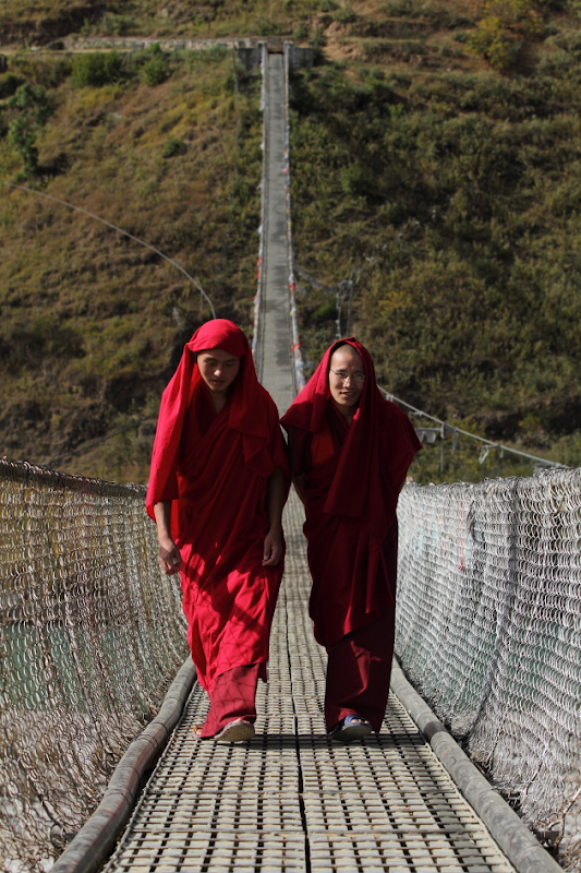 Monks on Punakha's Suspension Bridge