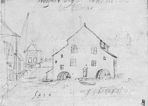 skiss av Akademikvarnen och Kvarnbron från 1660-talet