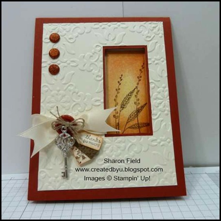 Our Creative Corner, OCCC, Challenge, Created by You, Sharon Field, Autumn Days, trinkets, wednesday card club, club, cards, masking, splitcoaststampers, layered window, tutorial, technique, tips, blog candy, comments