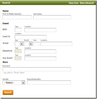 The Ancestry.com passenger list category search form