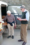 The vets discuss the care of a newly arrived horse with Shelia - Badminton's liason officer