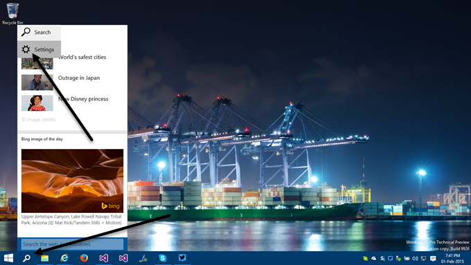 1. How to activate Cortana in Windows 10 - Open the settings pane