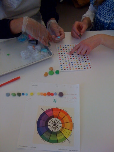 Britni and Elizabeth met to review the colors and placement of the dots. Britni and Elizabeth met to review the colors and placement of the dots.
