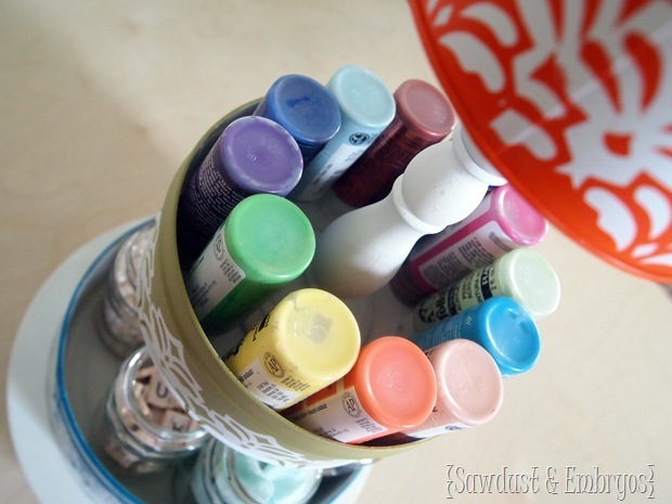 3-Tier Crafty Organizer using old tins and candlesticks! {Sawdust and Embryos}