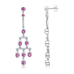 Oval Pink Sapphire and Diamond Chandelier Earrings in 14K White Gold