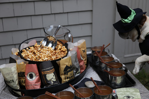 Great idea, Franny!  We also have these gory treat bags filled with caramel corn alongside delicious cinnamon-laced mugs of hot apple cider!  This party is going to be great!  Bring on the kids!