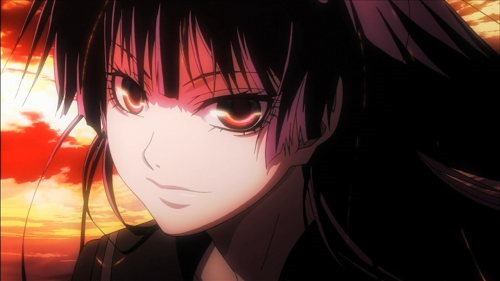 Yuuko looking hauntingly into the viewer with flowing indigo-black hair and red sapphire eyes, against a seeringly orange evening sky