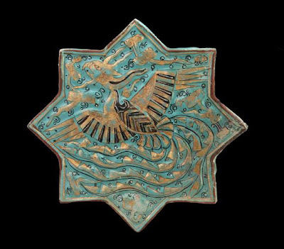 Tile | Origin:  Takht-i Sulayman,  Iran | Period: 14th century  Il-khanid period | Details:  In the Islamic world, ceramics makers emphasized brightly colored glazes and intricate designs to animate relatively simple shapes and architectural tiles. Drawing on a variety of decorative sources, they continually expanded and refined their repertoire of calligraphic, abstract, and figurative motifs. Some of the designs, such as the soaring phoenix on this fourteenth-century turquoise molded tile, reflect Iran's contacts with other artistic traditions, in particular China. Such "exotic" motifs became an integral part of the Persian visual language and were skillfully adapted to satisfy local taste and aesthetic preferences. | Type: Stone-paste painted and gilded under and over glaze | Size: H: 20.9  W: 21.3   D: 2.0  cm | Museum Code: S1997.114 | Photograph and description taken from Freer and the Sackler (Smithsonian) Museums.