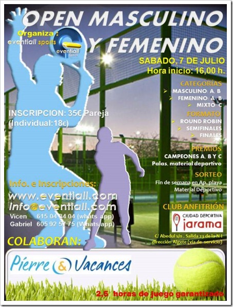 Open Masculino & Femenino organizado por Evetiall Sports, Sábado 7 de julio en C. D. Jarama