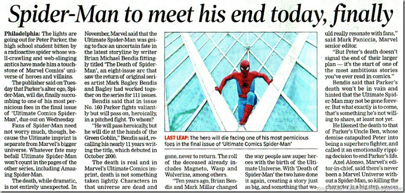 Times of India Chennai Edition Dated 22062011 Headlines Spiderman to meet his end