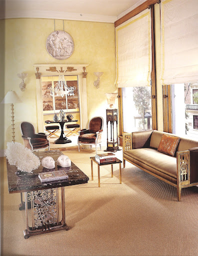 Dealer Bernd Goeckler seamlessly mixes period Empire and Neoclassical-inspired pieces of the Art Deco period in this sitting room. The settee is by Paul Follot, one of the earliest furniture designers to rework the eighteenth-century le gout grec into the the Art Decor style. (Regency Redux, Rizzoli) Dealer Bernd Goeckler seamlessly mixes period Empire and Neoclassical-inspired pieces of the Art Deco period in this sitting room. The settee is by Paul Follot, one of the earliest furniture designers to rework the eighteenth-century le gout grec into the the Art Decor style. (Regency Redux, Rizzoli)