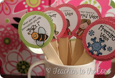 IMG_7717 Punctuation Poppers and Voice Sticks. What a fun way to build fluency!