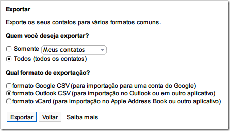Exportar em formato Outlook Exportar em formato Outlook