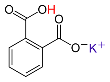 KHC8H4O4 is potassium hydrogen phthalate. The word 'hydrogen' is referring the the acidic hydrogen. This hydrogen comes off to neutralize the any OH- ions. In the image below a potassium ion has replaced a hydrogen. Before the hydrogen was replaced, the molecule was called phthalic acid. chemistryland.com