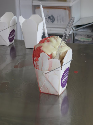 Raspberry and chocolate, with condensed milk topping. Raspberry and chocolate, with condensed milk topping.