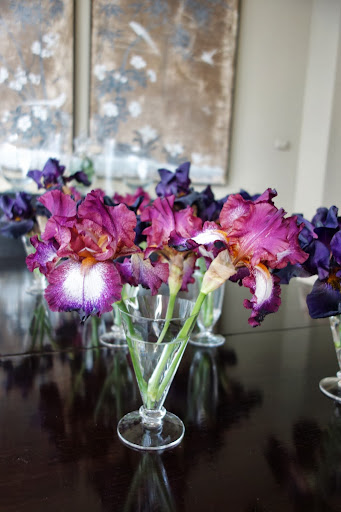 Bearded Iris are one of my favorite flowers and I was very happy that they were at their height of bloom in the market. I cut the stems into many pieces so that I could fill up as many glasses as possible. Bearded Iris are one of my favorite flowers and I was very happy that they were at their height of bloom in the market. I cut the stems into many pieces so that I could fill up as many glasses as possible.