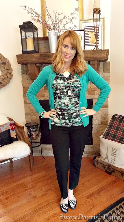 Black ankle pants, Tiered Floral tank, turquoise cardigan with zebra flats1