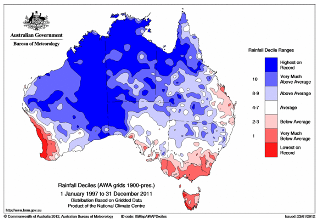 Australia rainfall deciles for the 15 years, January 1997 to December 2011. bom.gov.au