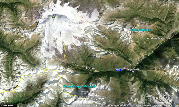 Carte du versant Nord du Caucase : le Mont Elbrouz et Terskol