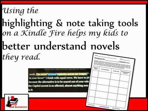 Using the highlighting and note taking tools on a kindle fire has helped my child to better understand the novels he reads.  He uses the highlighting tool to help him think better about what he reads.  Curriculum suggestions from Raki's Rad Resources.