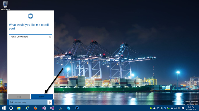 3. How to activate Cortana in Windows 10 - Enter your name