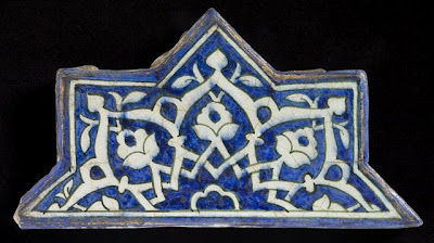 Tiles | Origin: Greater Iran | Period: circa 1444 | Collection: The Madina Collection of Islamic Art, gift of Camilla Chandler Frost (M.2002.1.259a-b) | Type: Ceramic; Architectural element, Fritware, underglaze-painted, a: 11 1/4 x 5 11/16 in. (28.57 x 14.44 cm); b: 27 15/16 x 18 1/8 in. (70.96 x 46.03 cm); c: 11 1/4 x 5 11/16 in. (28.57 x 14.44 cm)