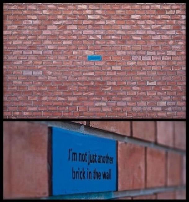 A blue brick in a wall of red bricks saying “I’m not just another brick in the wall”
