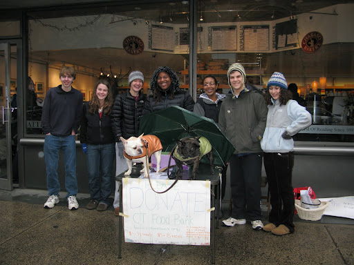 Walking along the wet streets of New Haven, we came upon a group of students who were raising money for the Connecticut Food Bank.  We decided to help them for a while and many people stopped and donated to this worthy cause.