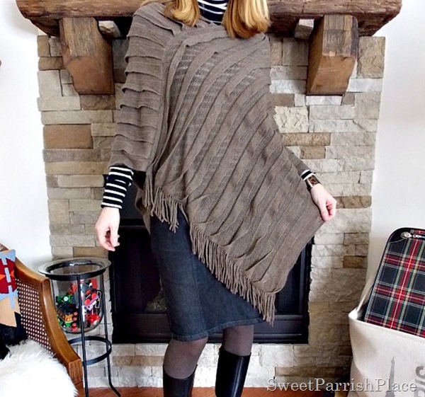 brown cape with black white striped turtleneck, denim pencil skirt and black wedge boots2