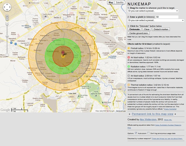 Visualising a hypothetical scenario where a 50 kt Nuclear weapon explodes over Pakistan's garrison town, Rawalpindi