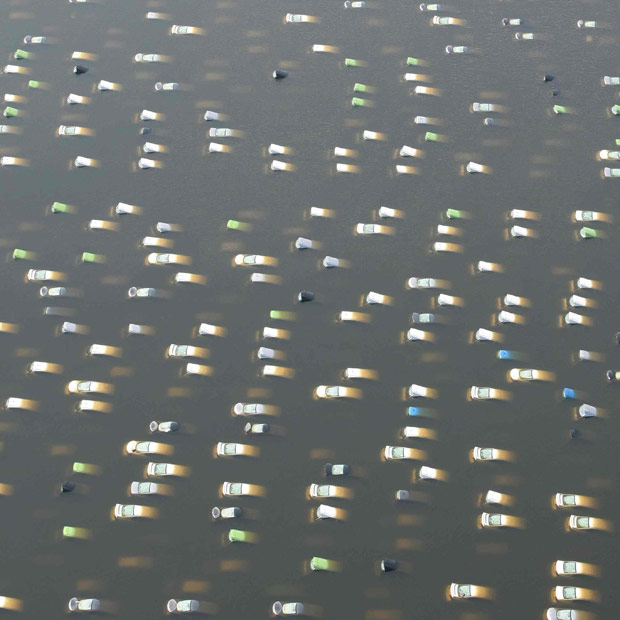 An aerial view of submerged cars at the Honda car factory in Ayutthaya province, Thailand, 18 October 2011. NARONG SANGNAK / EPA