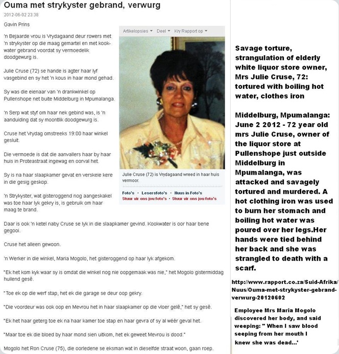 CRUSE Julie 72 tortured with boiling water hot iron strangled to death Middelburg Pullens Hope Mpuma June12012