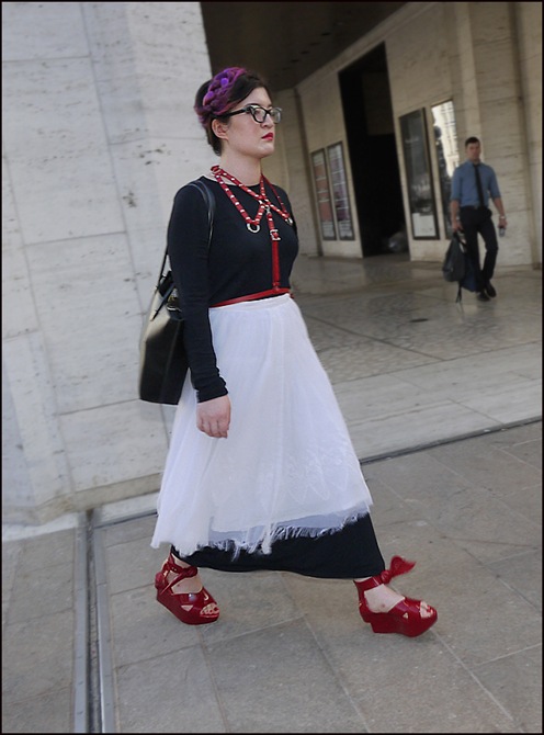 w black dress white over skirt red shoes and waist-neck belting purple head piece  ol
