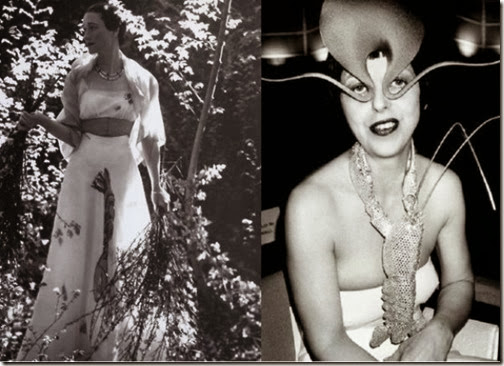 wallis-simpson-the-duchess-of-windsor-in-elsa-schiaparelli-s-lobster-dress-1937-and-isabella-blow-in-philip-treacy-right_incrAncho
