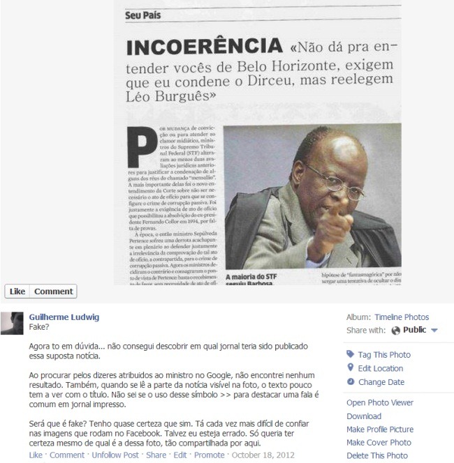 Hoax Joaquim Barbosa no Facebook