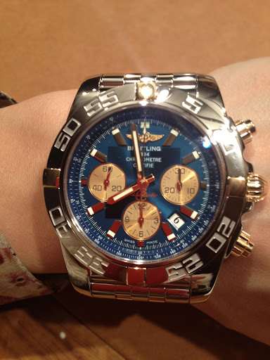 The face on this one by Breitling took up my whole wrist! But on a man it would be perfect. Blue faces are definitely a trend at the shows. The face on this one by Breitling took up my whole wrist! But on a man it would be perfect. Blue faces are definitely a trend at the shows.