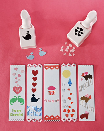 Valentine's Day Card Bookmark: For a card that doubles as a bookmark, have kids make punched whale, cupcake, dinosaur, truck, or rocket bookmark valentines using our clip-art designs. Get the How-To:http://www.marthastewart.com/269810/valentines-day-card-bookmark