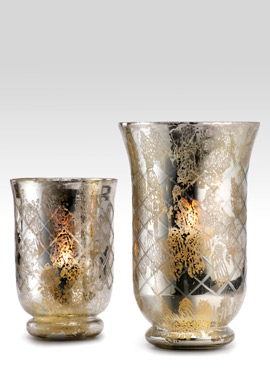 Antiqued silver etched hurricanes. I love the pattern on these products!