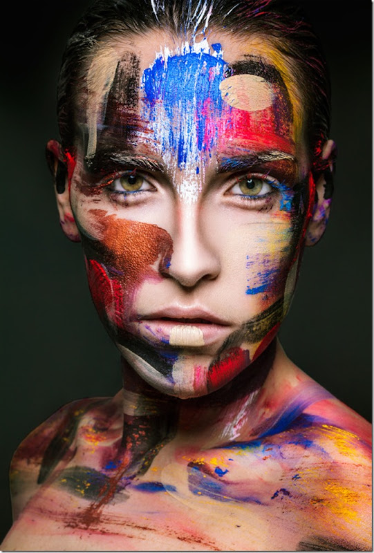 MAKE UP ART Stefan Bourson, искусство макияжа, Лицо девушки рзукрашенное,расскрашено разноцветными крассками, Стефан ретушь лица  гламурная.