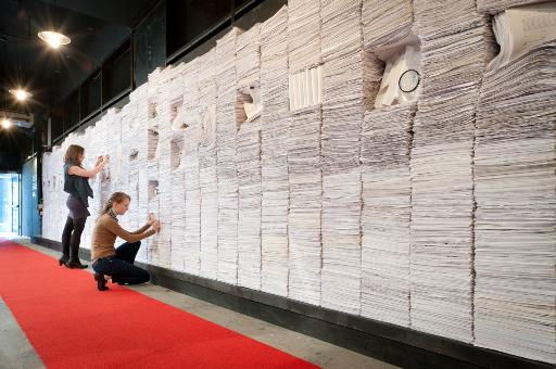 The Script Wall at Steppenwolf Merle Reskin Garage Theatre made of 5,800 pounds of old paper.
Photo by Bob Coscarelli. Installation created in collaboration with Ogilvy & Mather.
