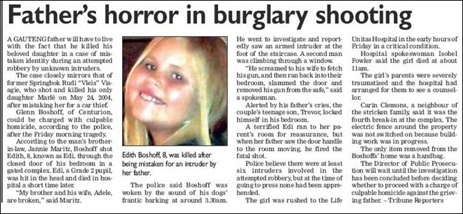 Boshoff Edith 8 killed by stray bullet her father Glenn shot towards criminals attacking his Centurion home May 22 2012 SUNTRIBUNE